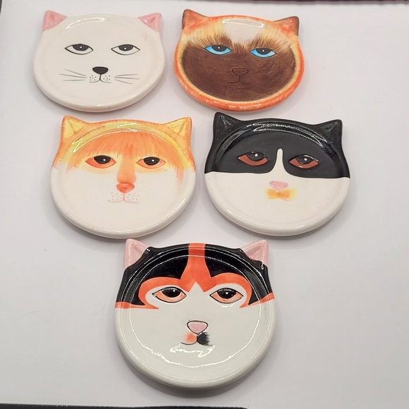 Bandwagon Other - Vintage Bandwagon 2001 Hand Painted Ceramic Cat Face Coasters Set of 5